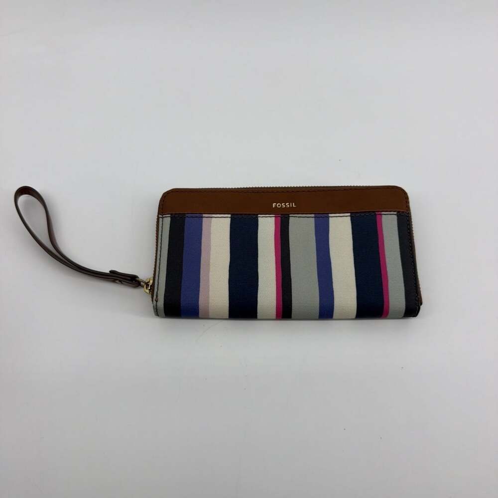 Fossil Striped RFID Jori Clutch Zip Leather Wristlet Wallet Camel